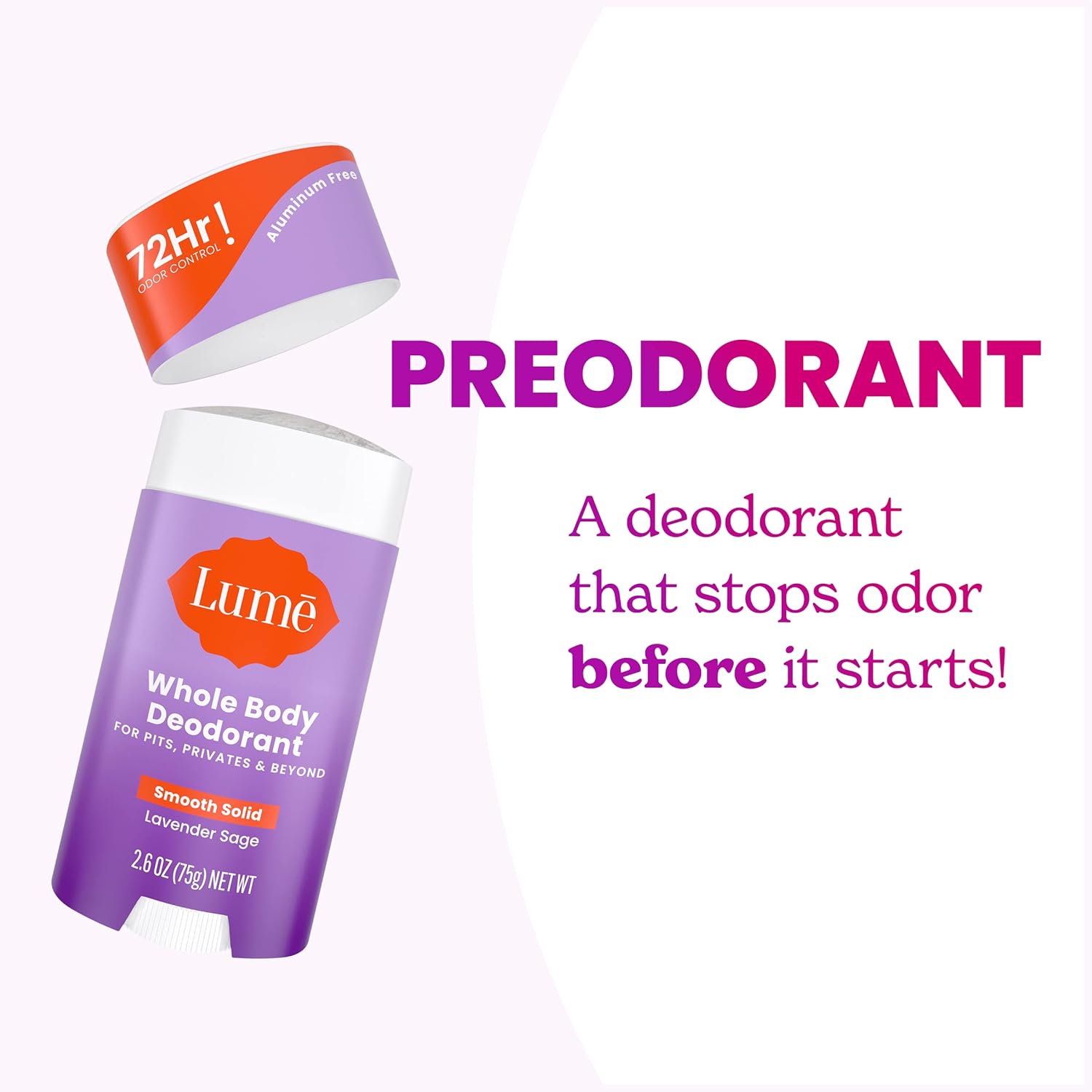 Lume Whole Body Deodorant - Smooth Solid Stick - 72 Hour Odor Control - Aluminum Free. Baking Soda Free and Skin Safe - 2.6 Ounce (Pack of 2) (Lavender Sage)
